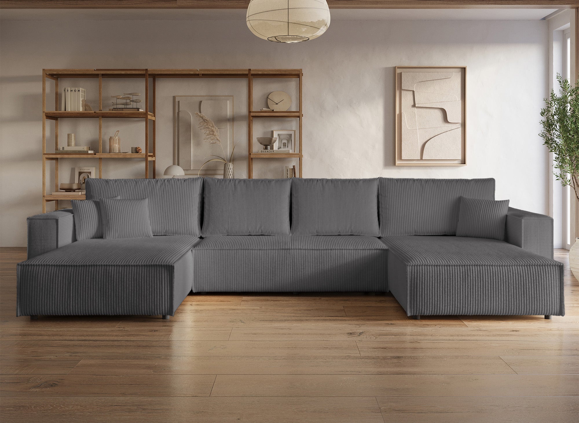 Panorama-Schlafsofa JADE mit Stauraum aus anthrazitgrauem Cord