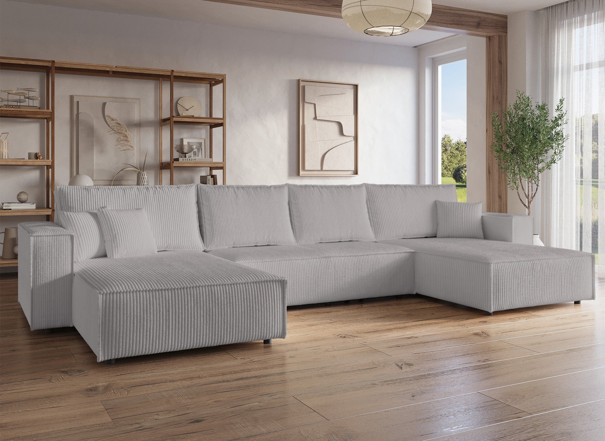 JADE Panorama-Schlafsofa aus geripptem Samt in Hellgrau mit Stauraum