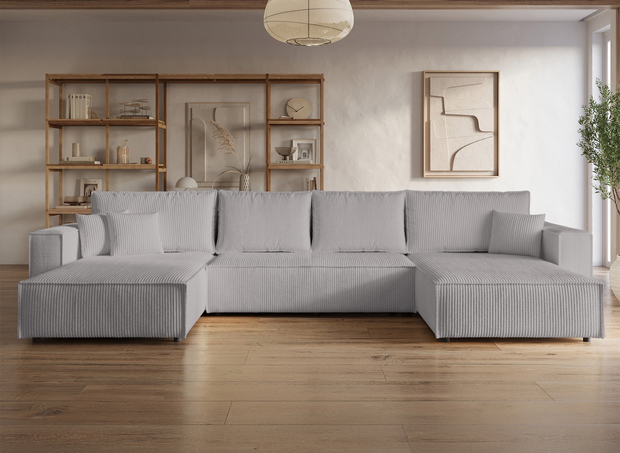 JADE Panorama-Schlafsofa aus geripptem Samt in Hellgrau mit Stauraum