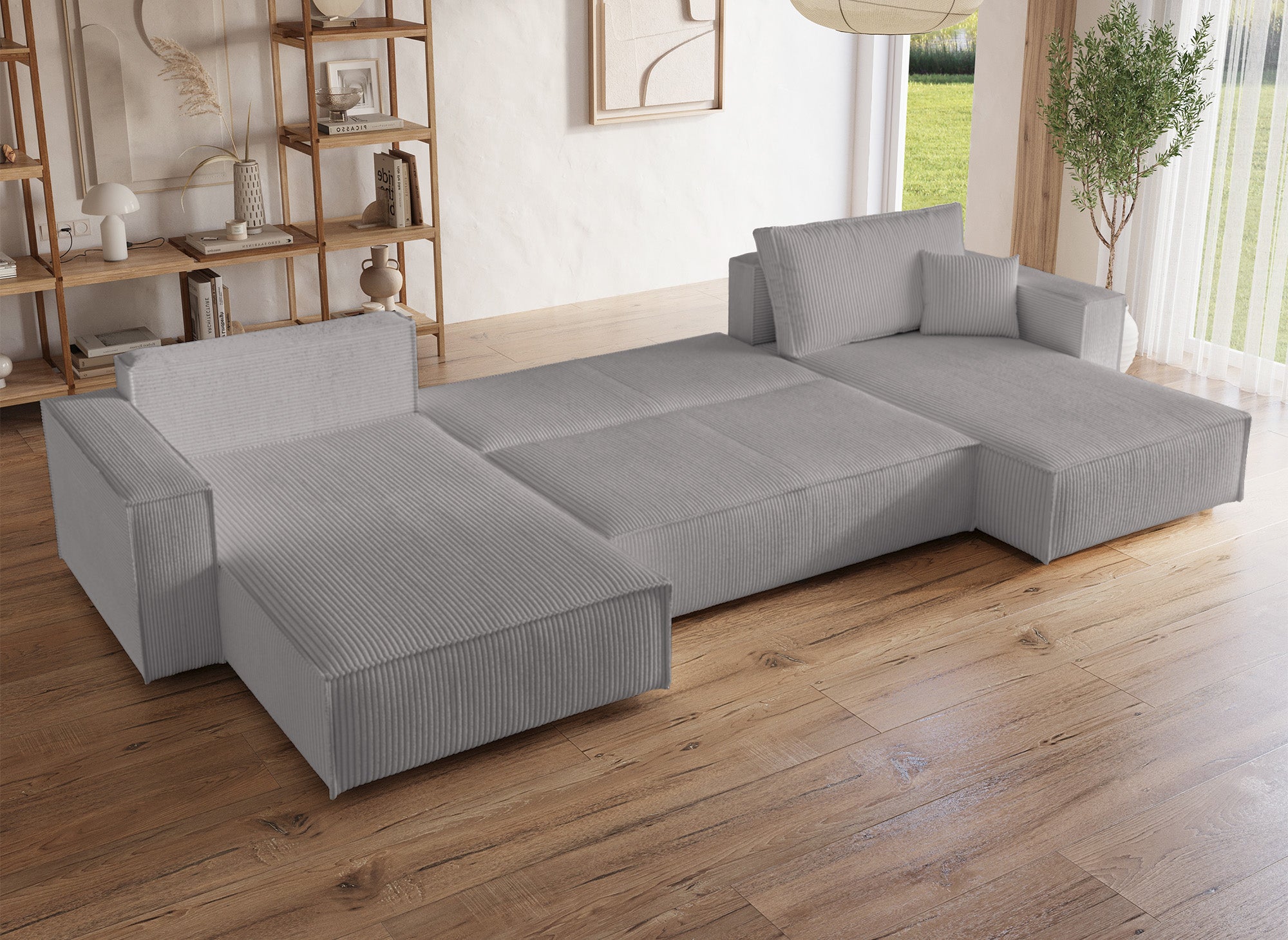 JADE Panorama-Schlafsofa aus geripptem Samt in Hellgrau mit Stauraum