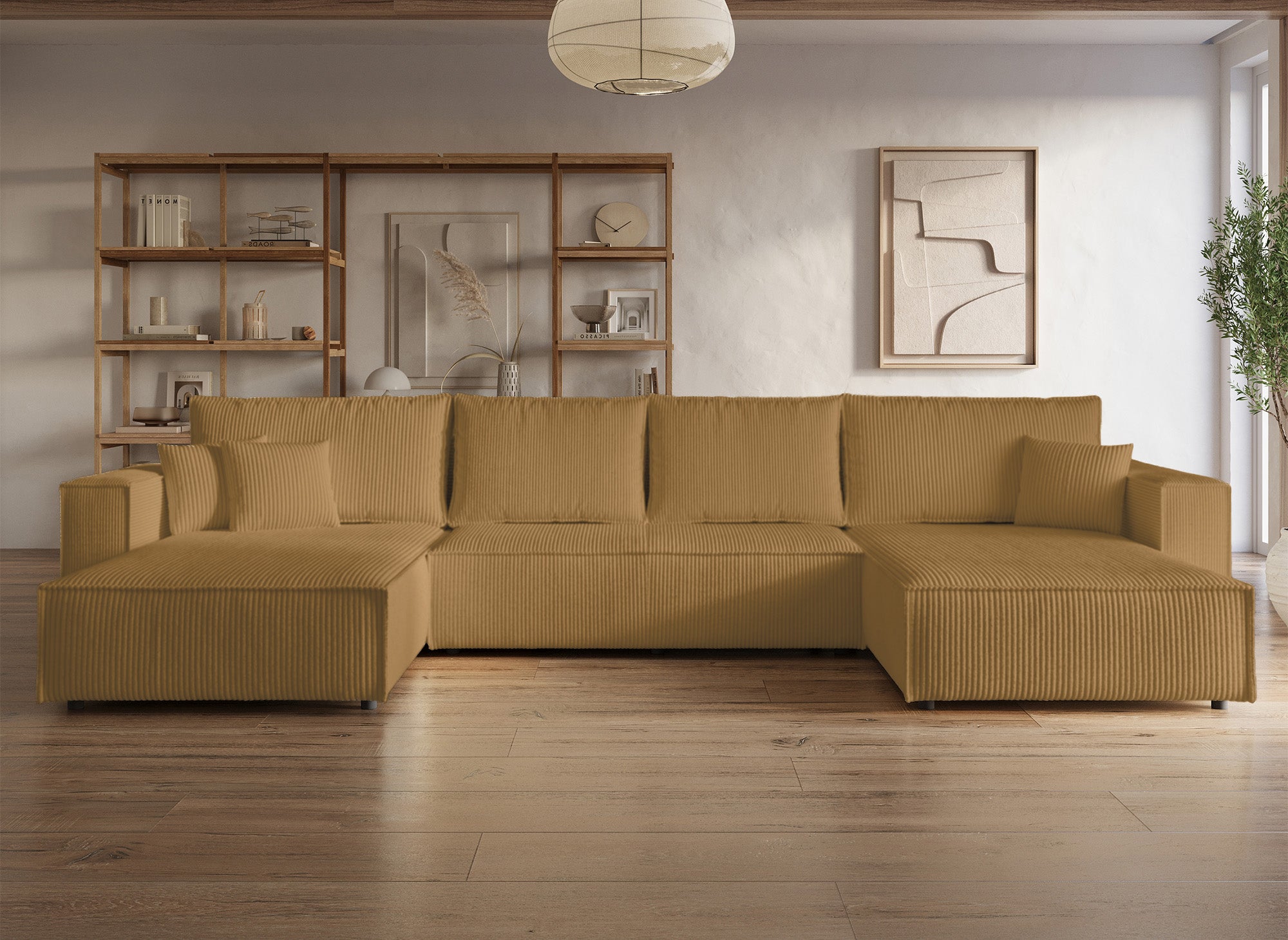 Panorama-Schlafsofa JADE aus geripptem Samt in Senfgelb mit Stauraum