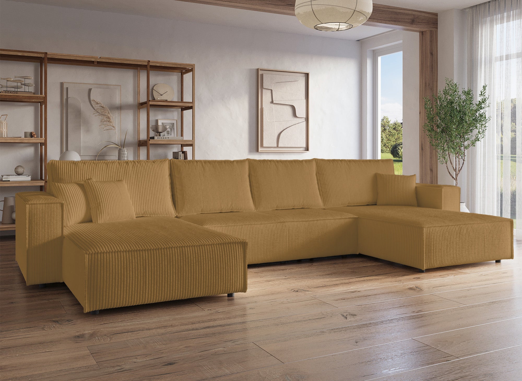 Panorama-Schlafsofa JADE aus geripptem Samt in Senfgelb mit Stauraum
