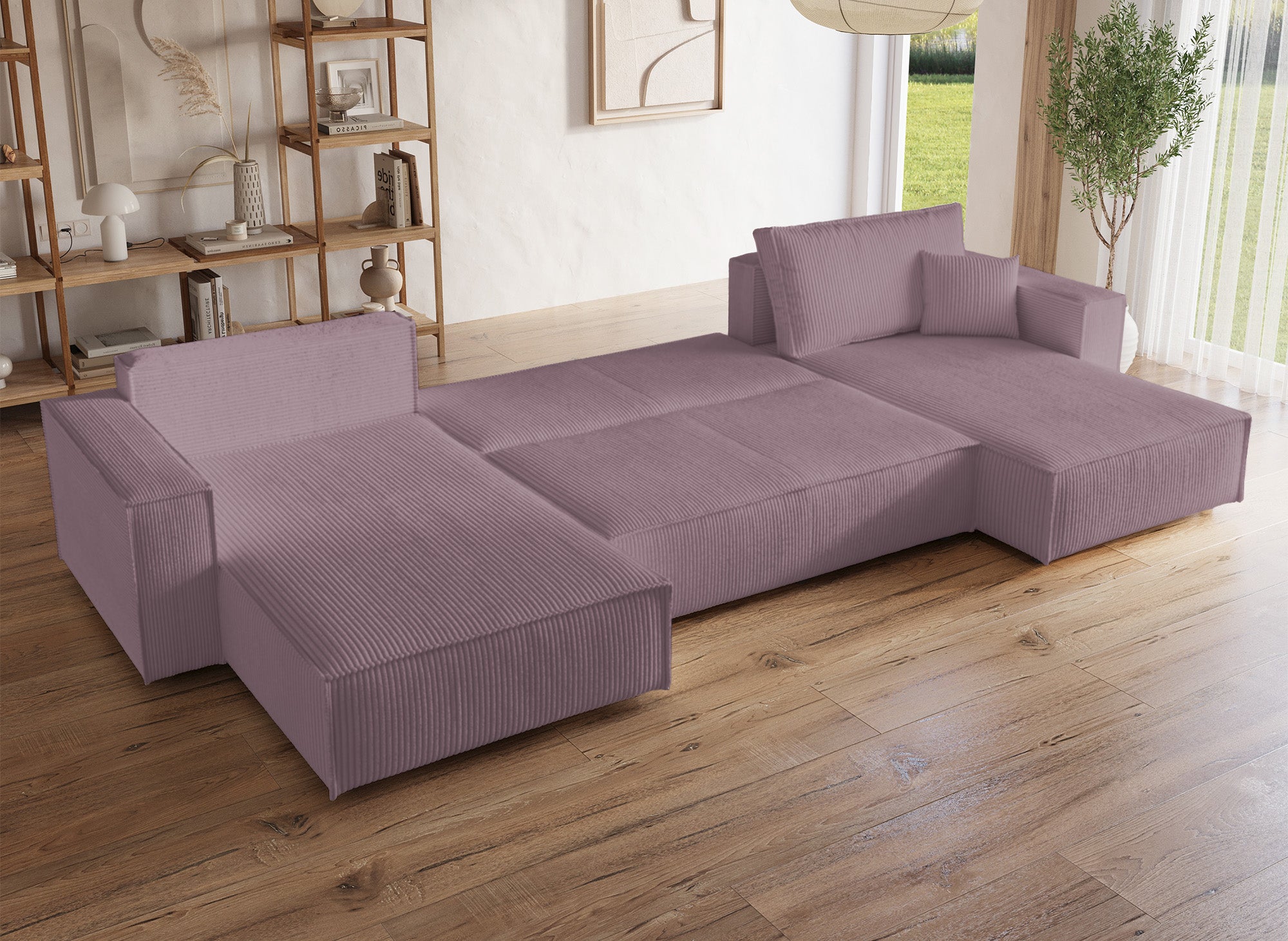 JADE lilafarbenes, umwandelbares Panoramasofa aus Cord mit Stauraum