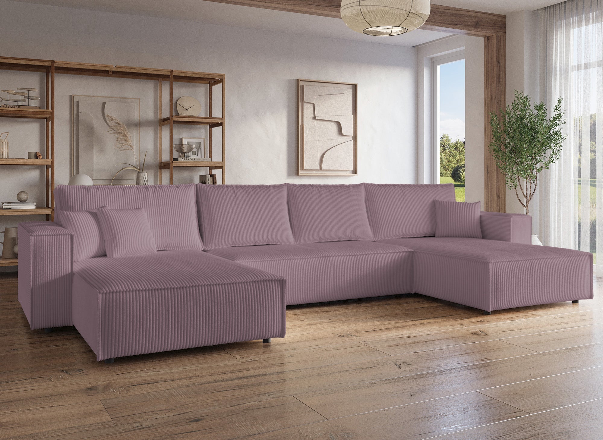 JADE lilafarbenes, umwandelbares Panoramasofa aus Cord mit Stauraum