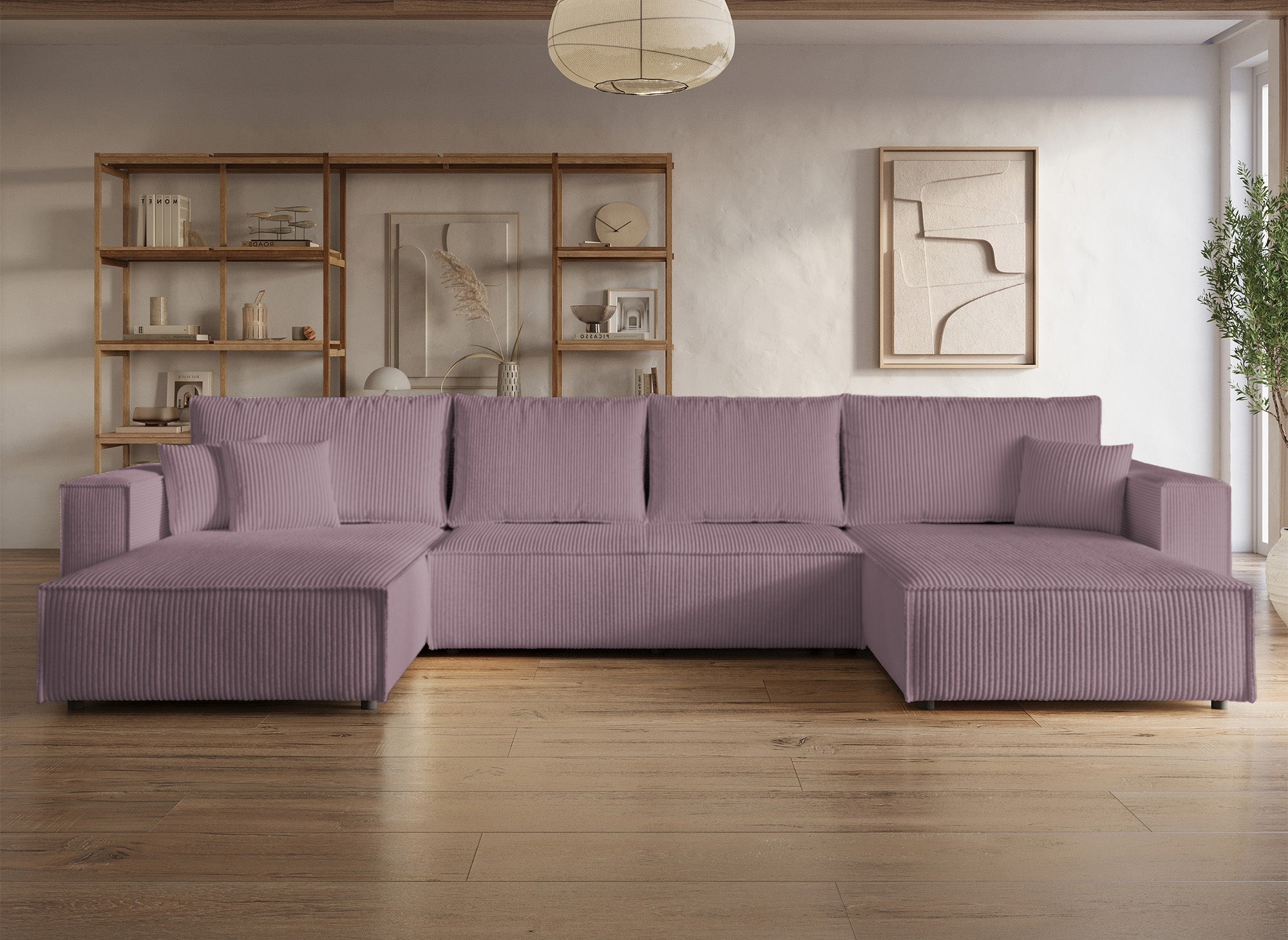 JADE lilafarbenes, umwandelbares Panoramasofa aus Cord mit Stauraum