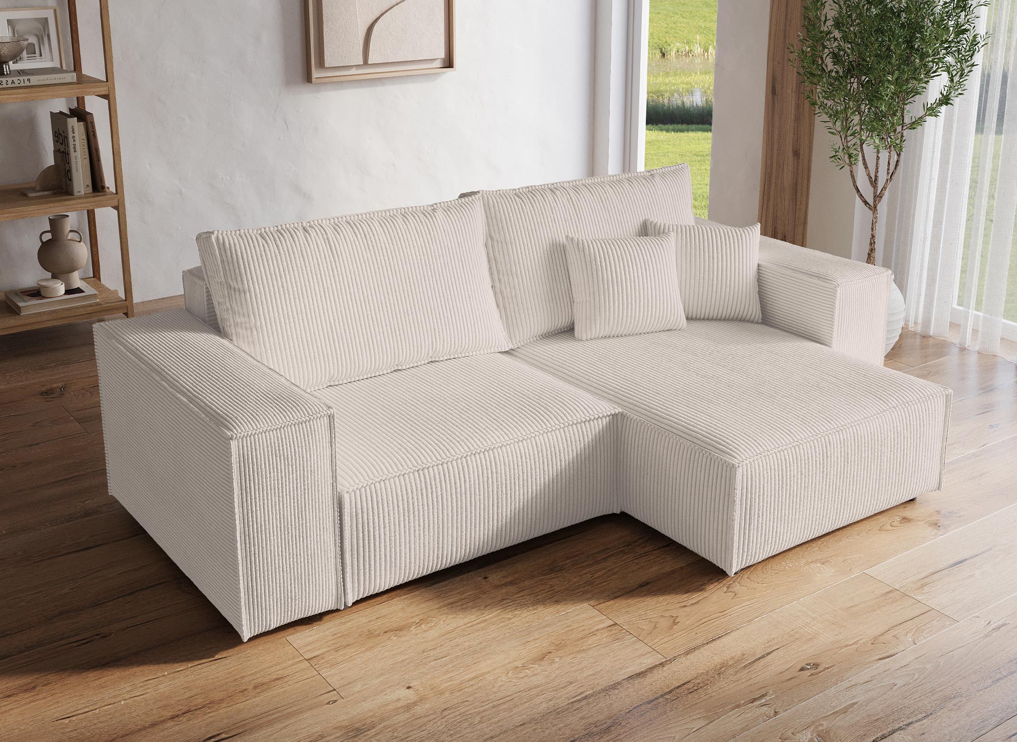 JADE MINI Ecksofa aus beigefarbenem Cord mit Stauraum