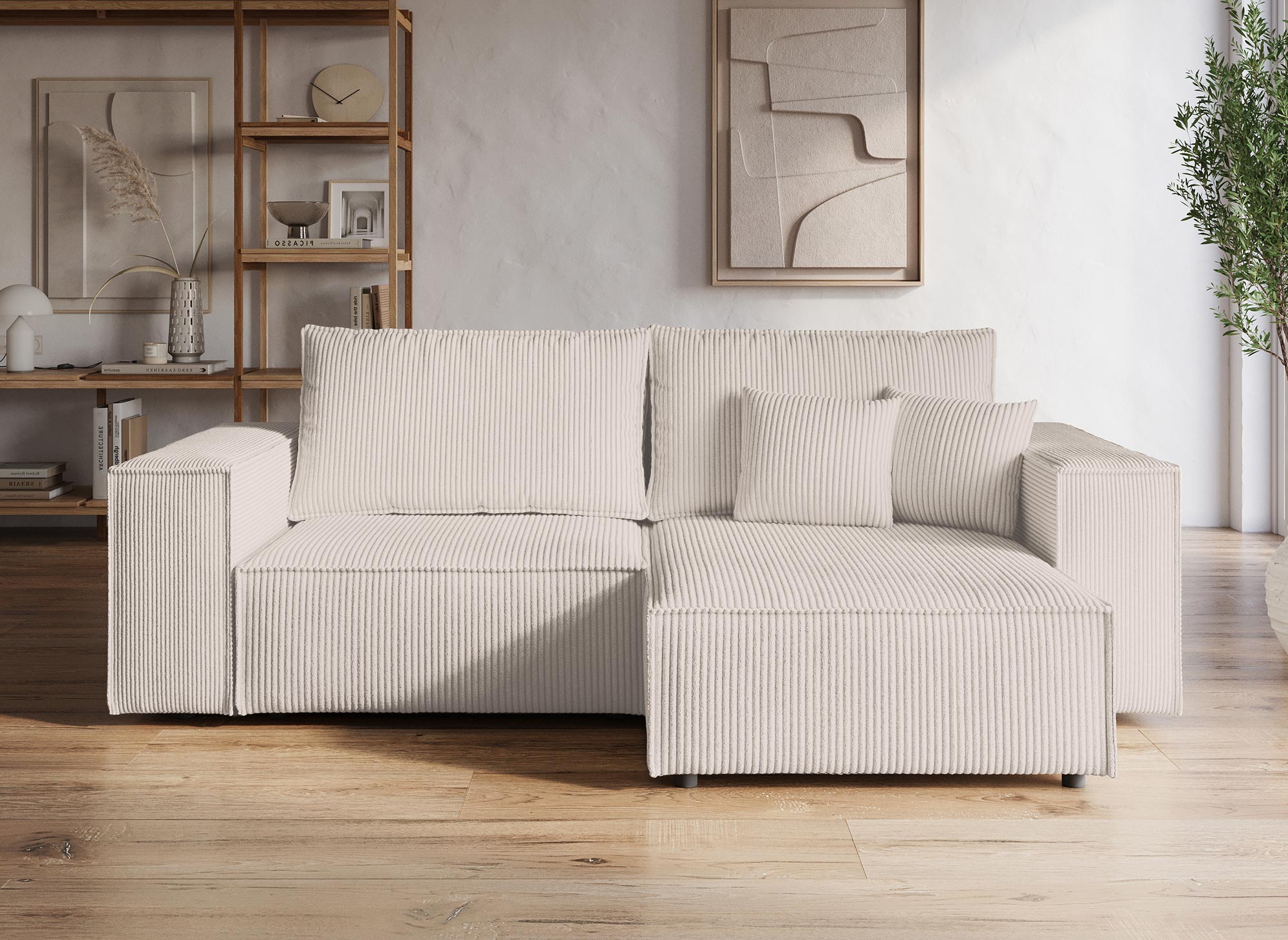JADE MINI Ecksofa aus beigefarbenem Cord mit Stauraum