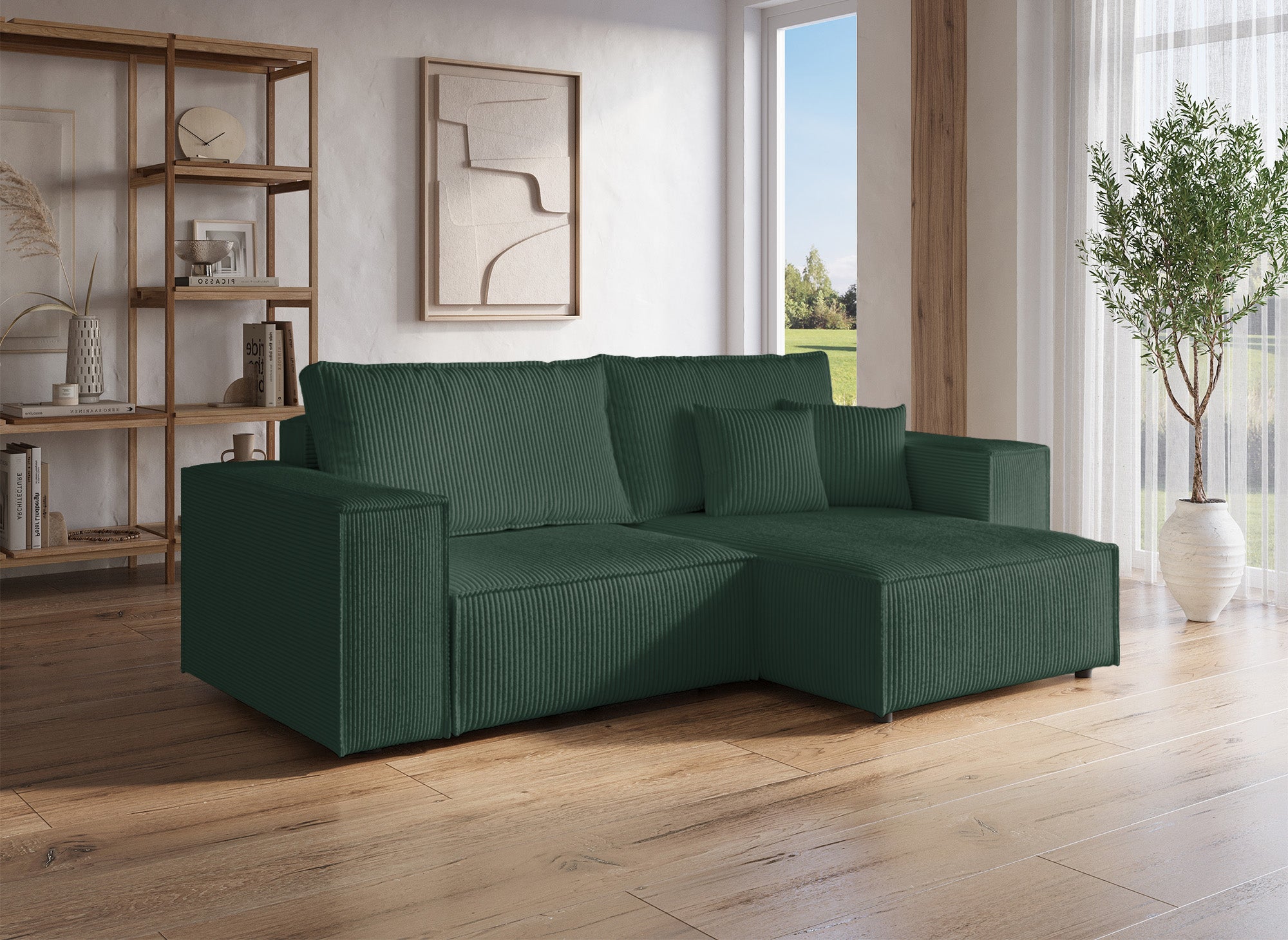 JADE MINI Ecksofa aus grünem Cord mit Stauraum, umwandelbar und wendbar