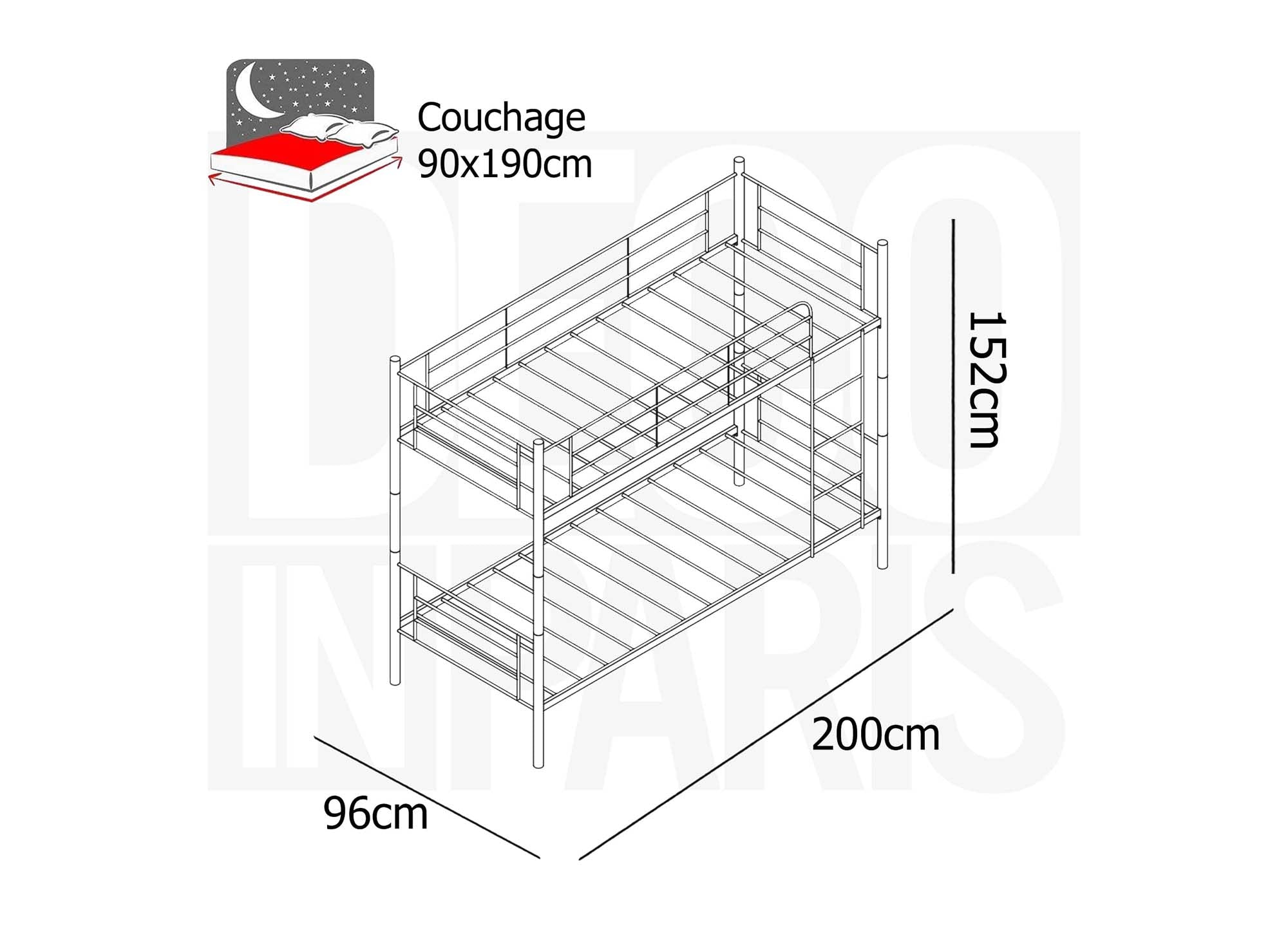 TWINS Etagenbett aus weißem Metall 90 x 190 cm + Lattenrost