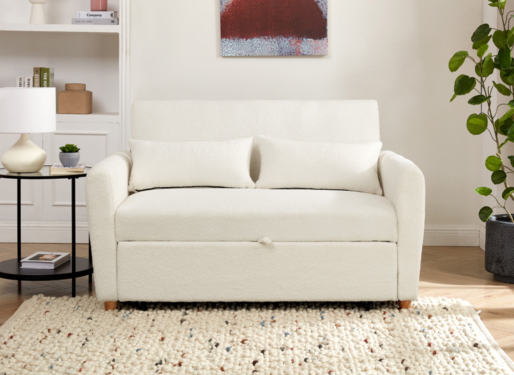 Skandinavisches Schlafsofa aus ecru-weißem Bouclette-Stoff KALAYA