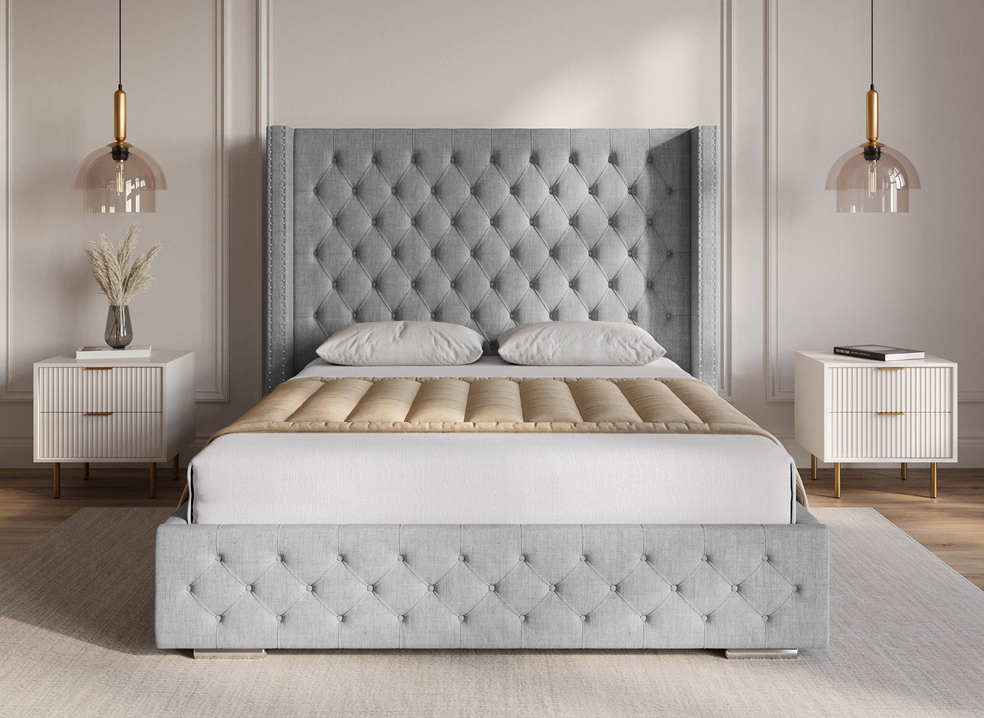 Graues Bett mit Stauraum aus Leinenstoff 140 x 190 cm MAXI