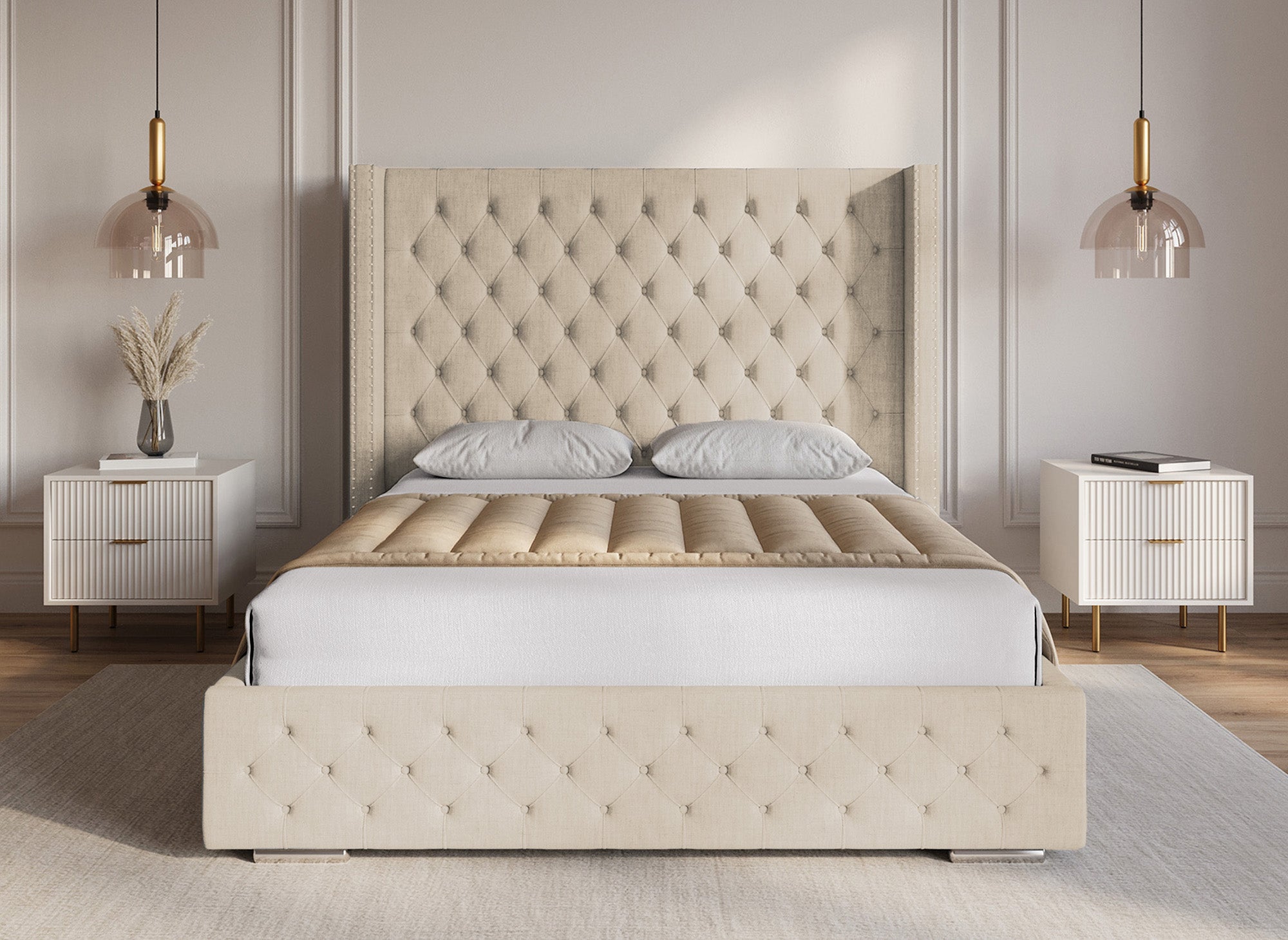 Beiges Bett mit Stauraum aus Leinenstoff 140x190 cm MAXI