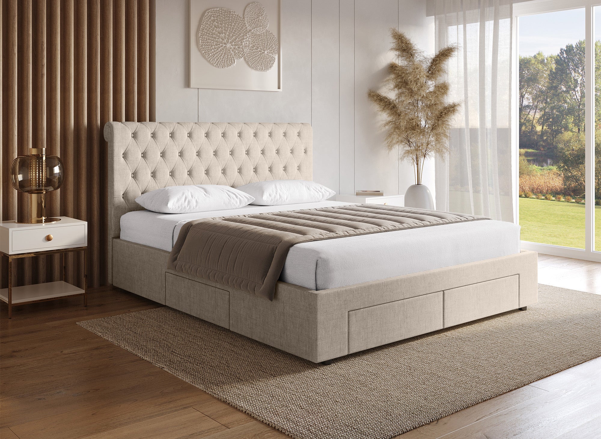 Doppelbett mit 4 Schubladen aus beigem Leinen 160x200 cm LEANDRE