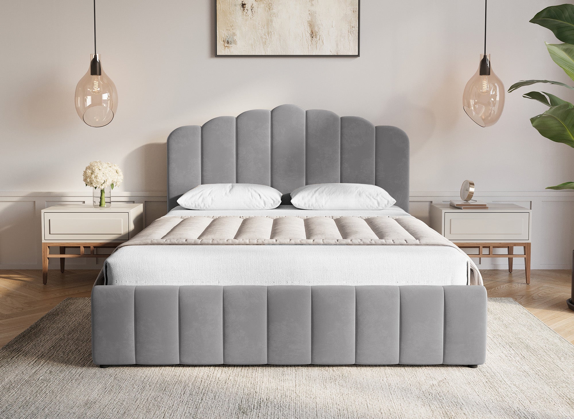 ELVIRA Bett mit Stauraum, grau, Samt, 160 x 200 cm