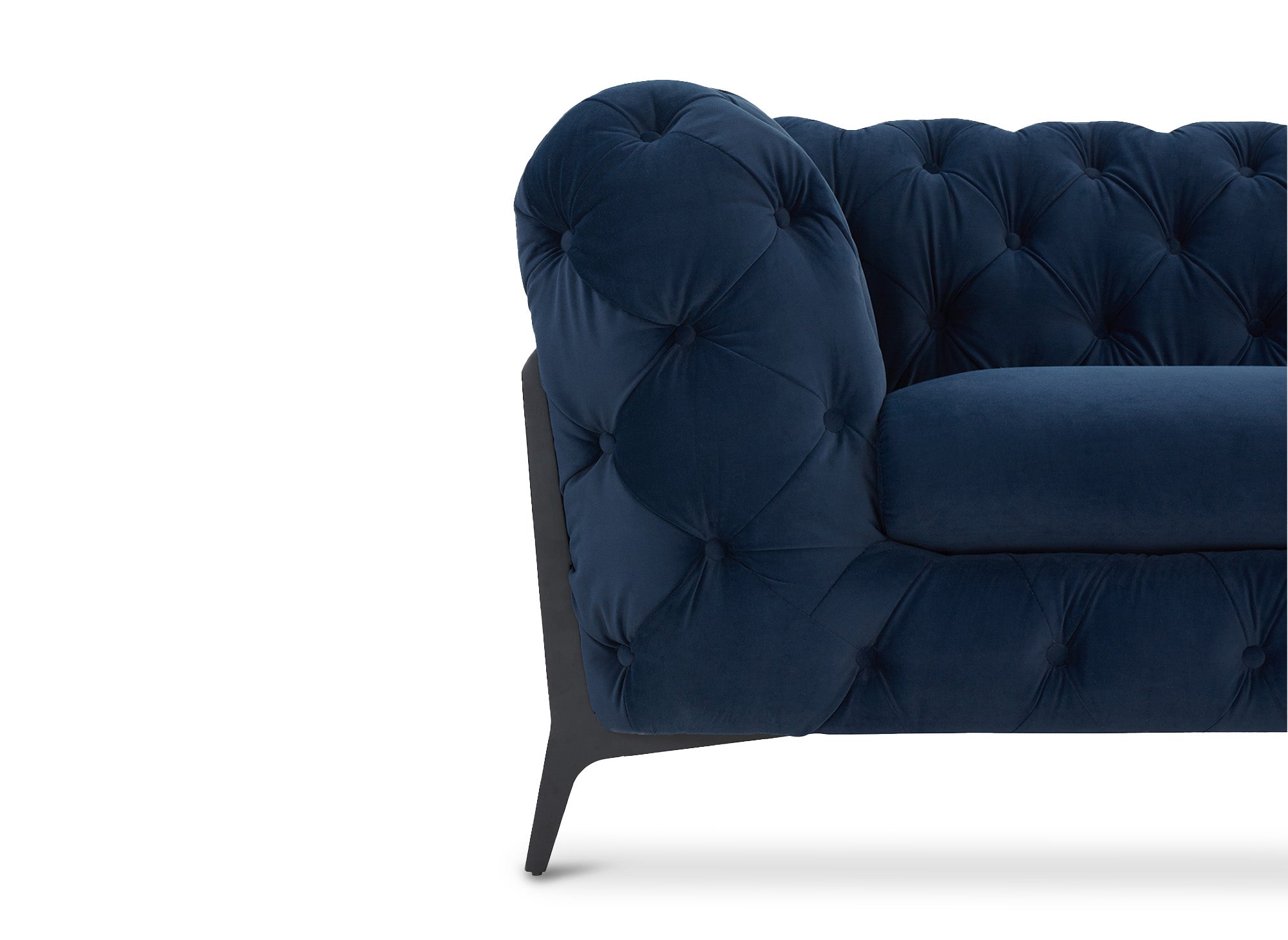 CARMEN Chesterfield-Ecksofa aus blauem Samt mit Polsterknöpfen