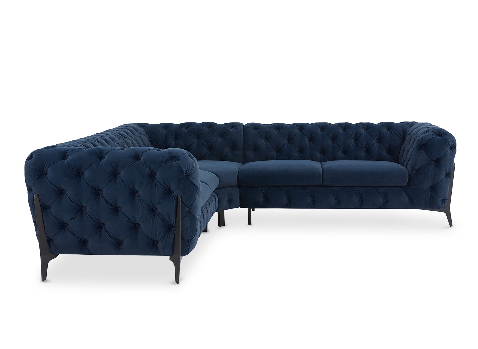 CARMEN Chesterfield-Ecksofa aus blauem Samt mit Polsterknöpfen