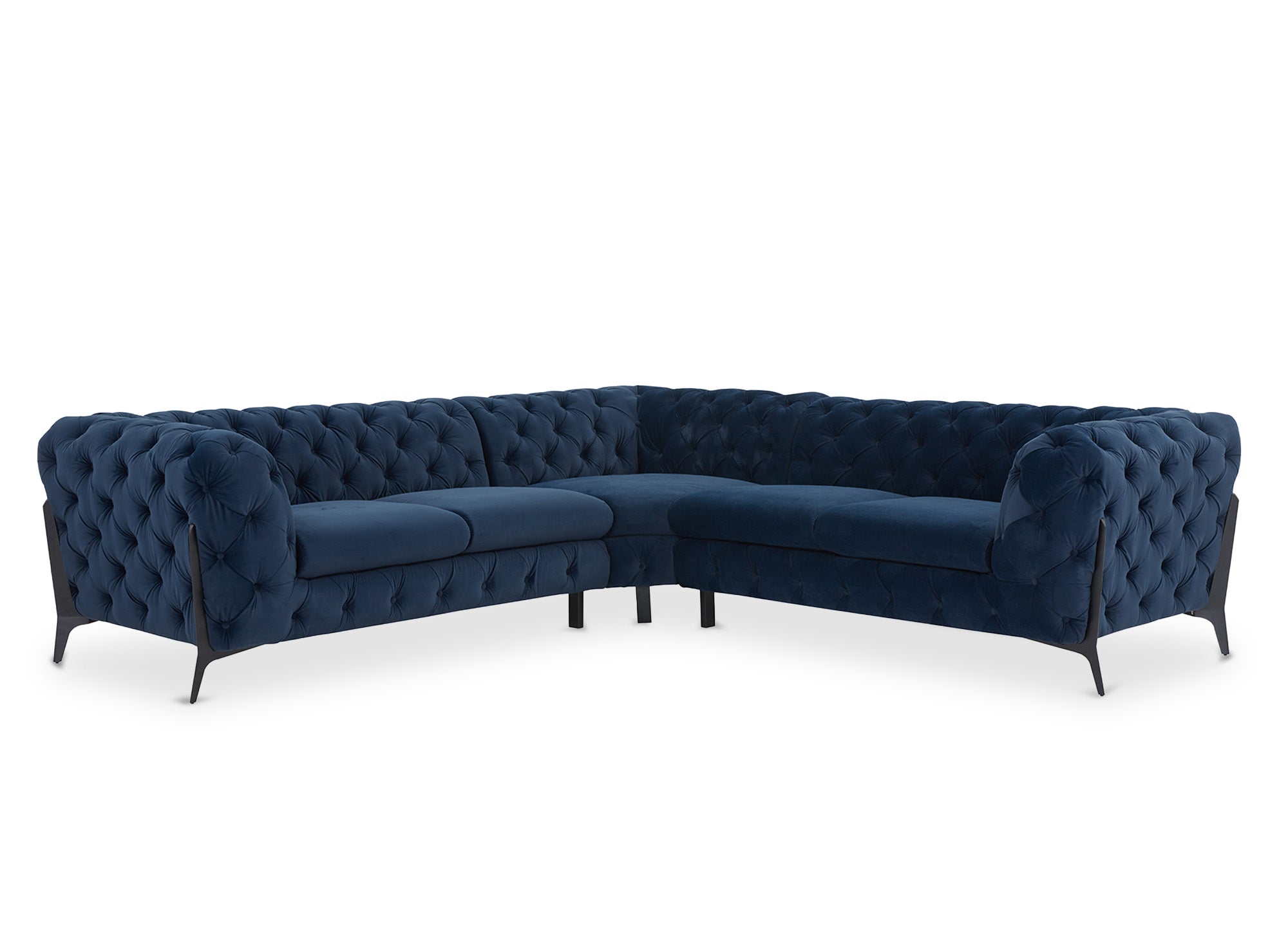 CARMEN Chesterfield-Ecksofa aus blauem Samt mit Polsterknöpfen