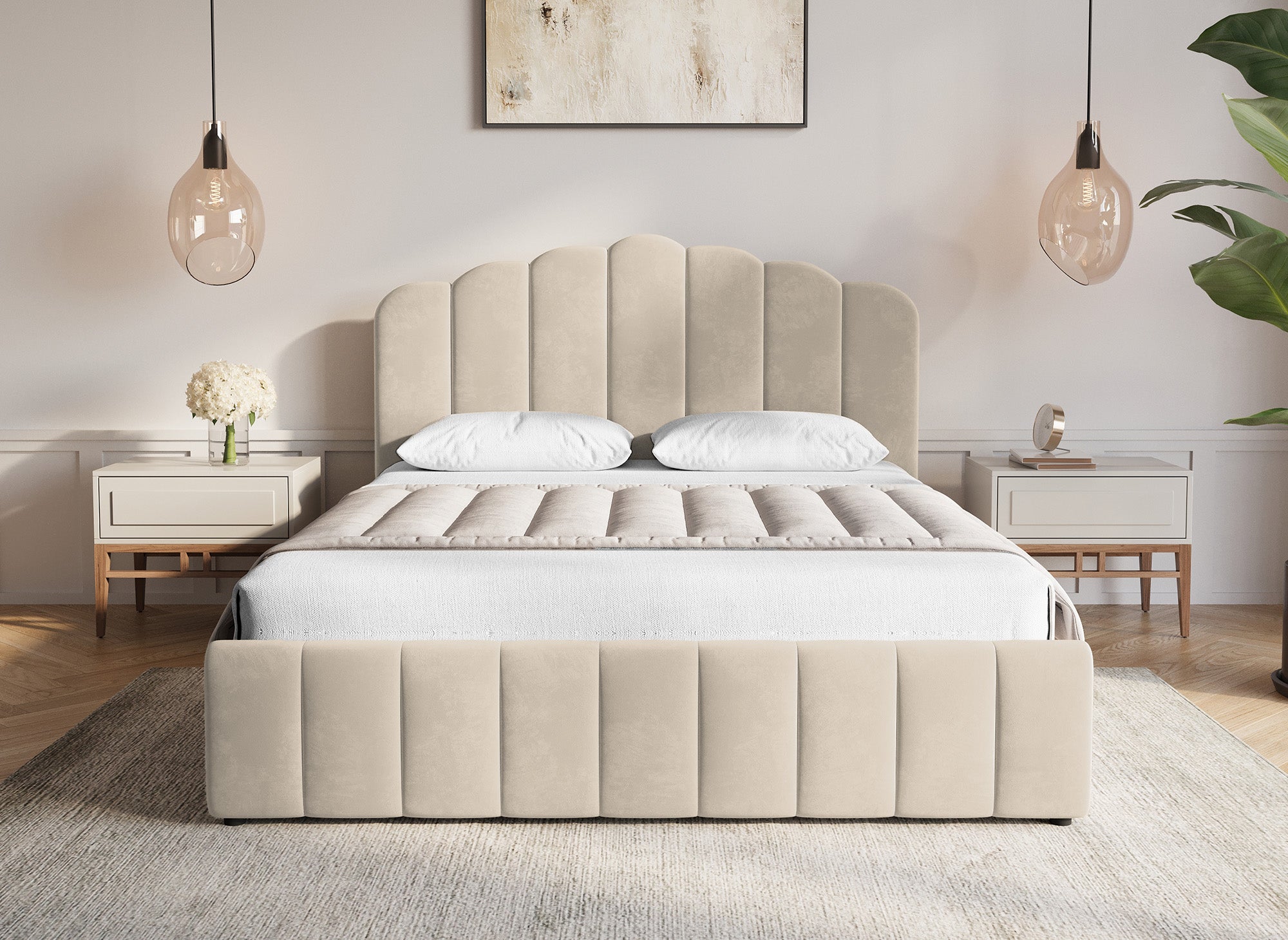 ELVIRA Bett mit Stauraum aus beigefarbenem Samt 160x200 cm
