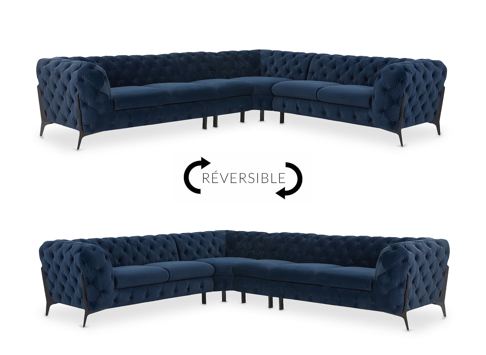CARMEN Wende-Chesterfield-Ecksofa aus blauem Samt mit Polsterung