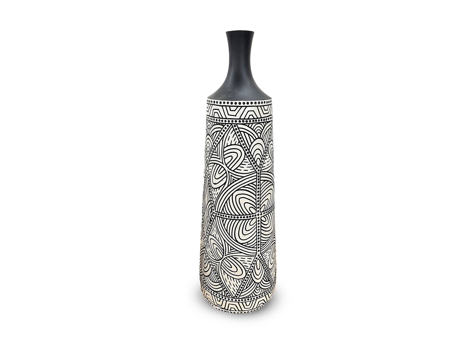Ethno-Chic-Vase aus schwarz-weißem Polyresin H62 cm LAORA