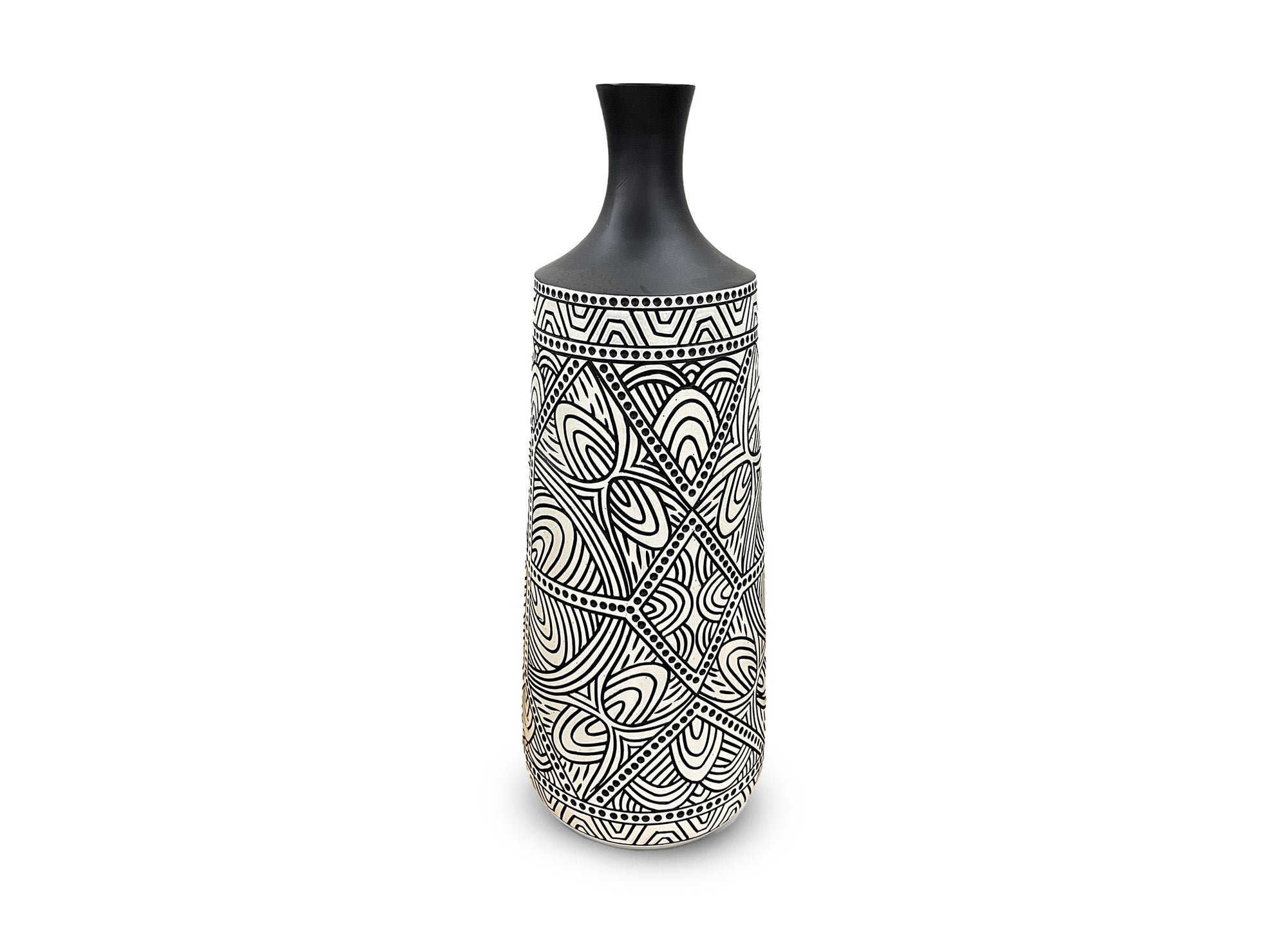 Ethno-Chic-Vase aus schwarz-weißem Polyresin H46 cm LAORA