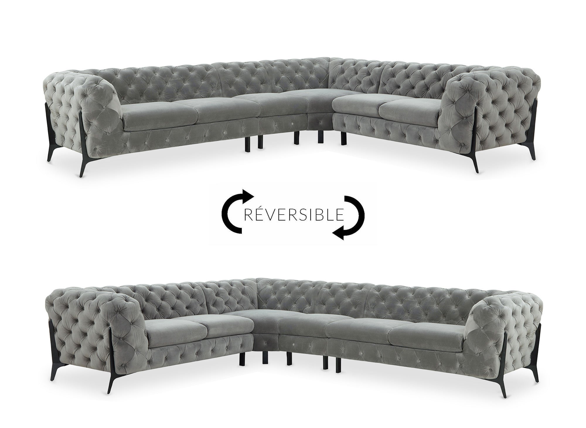 CARMEN, wendbares, getuftetes Chesterfield-Ecksofa aus grauem Samt