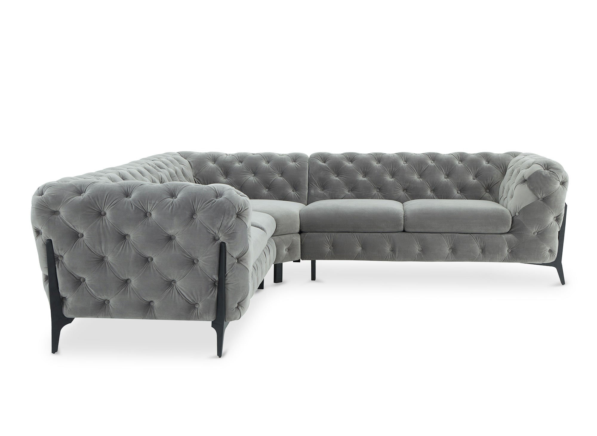 CARMEN Chesterfield-Ecksofa aus grauem Samt mit Polsterknöpfen