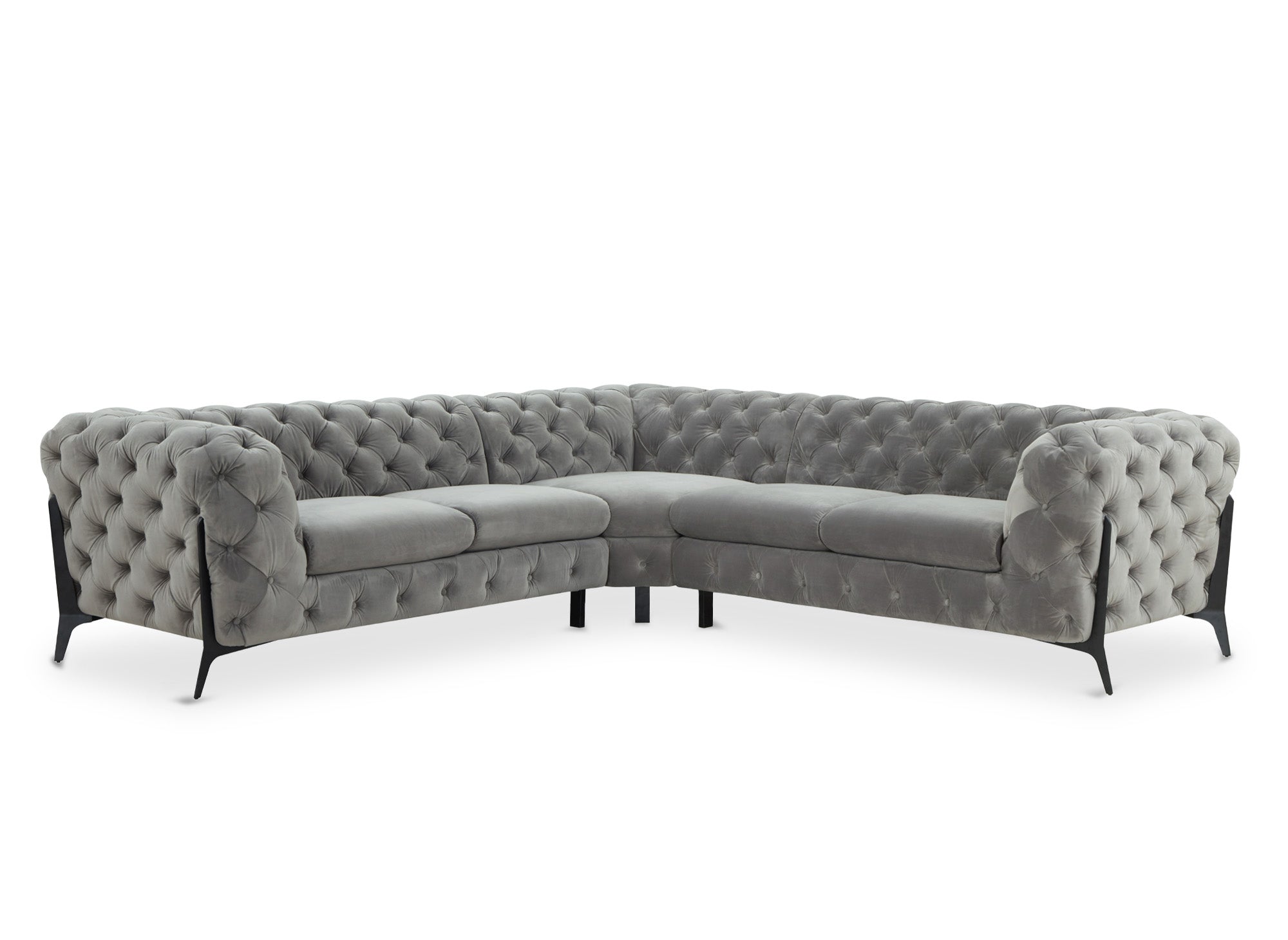 CARMEN Chesterfield-Ecksofa aus grauem Samt mit Polsterknöpfen
