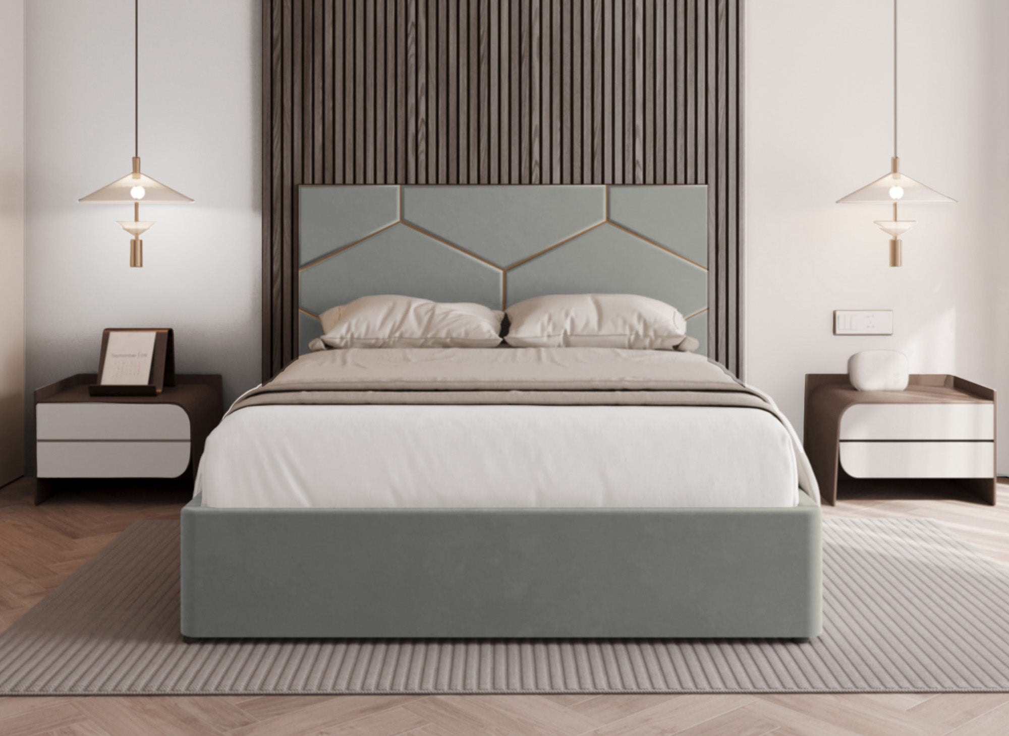 LARA graues Samtbett mit Stauraum und Designer-Kopfteil 140 x 190 cm