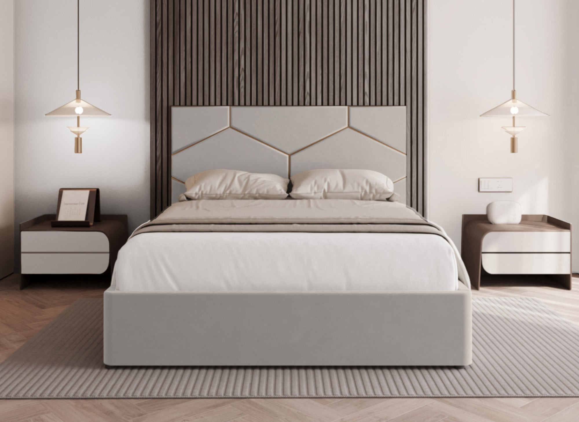 LARA Stauraumbett mit Designer-Kopfteil in Taupe Samt 140 x 190 cm