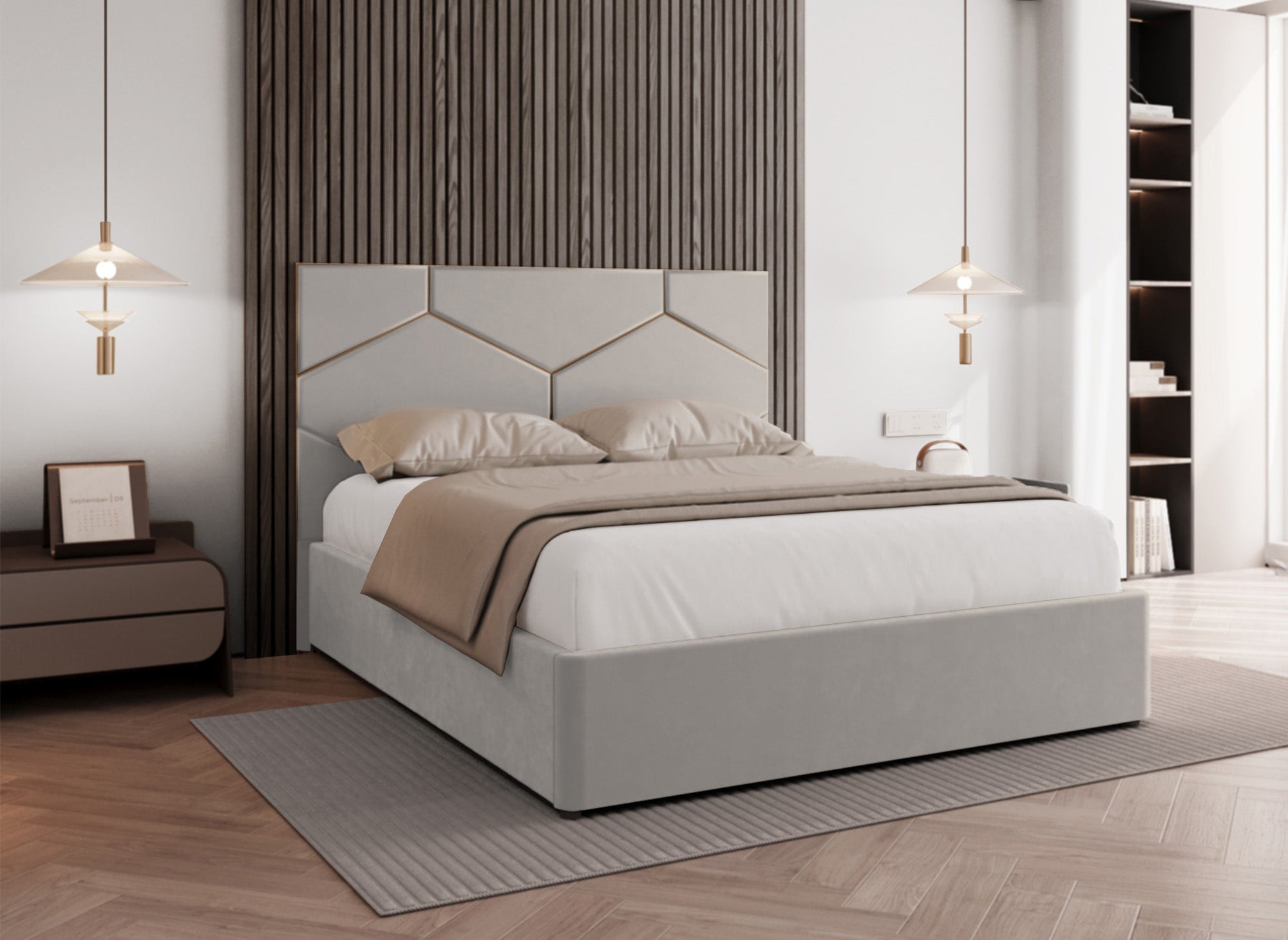 LARA Stauraumbett mit Designer-Kopfteil in Taupe Samt 140 x 190 cm