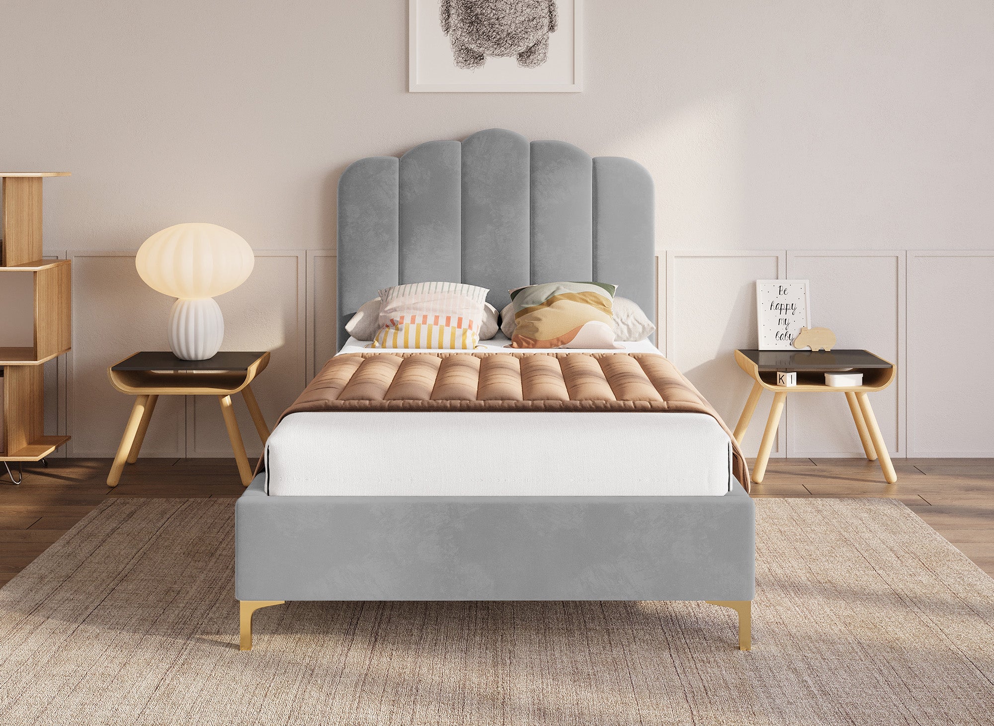 Einzelbett aus grauem Samt 90x190 cm MARION