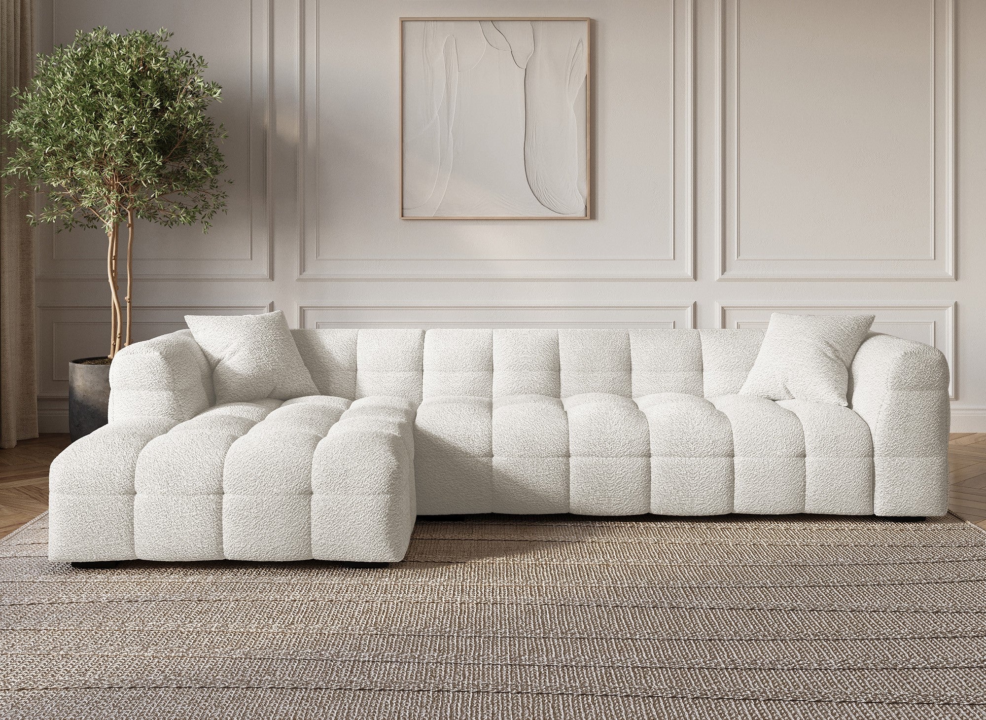 Ecksofa BELLA in ecruweißem Schaffell-Effekt - Linke Ecke