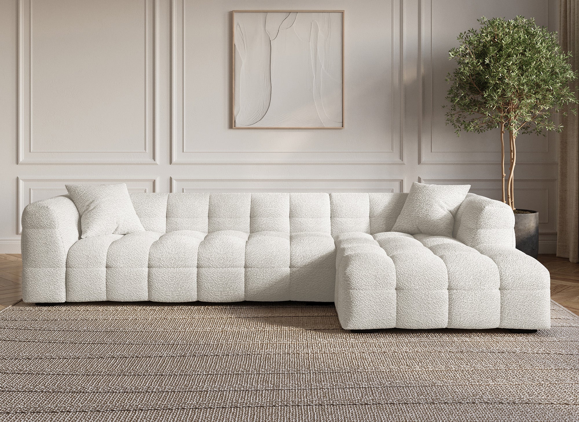 Ecksofa BELLA in ecruweißem Schaffell-Effekt - rechtwinklig