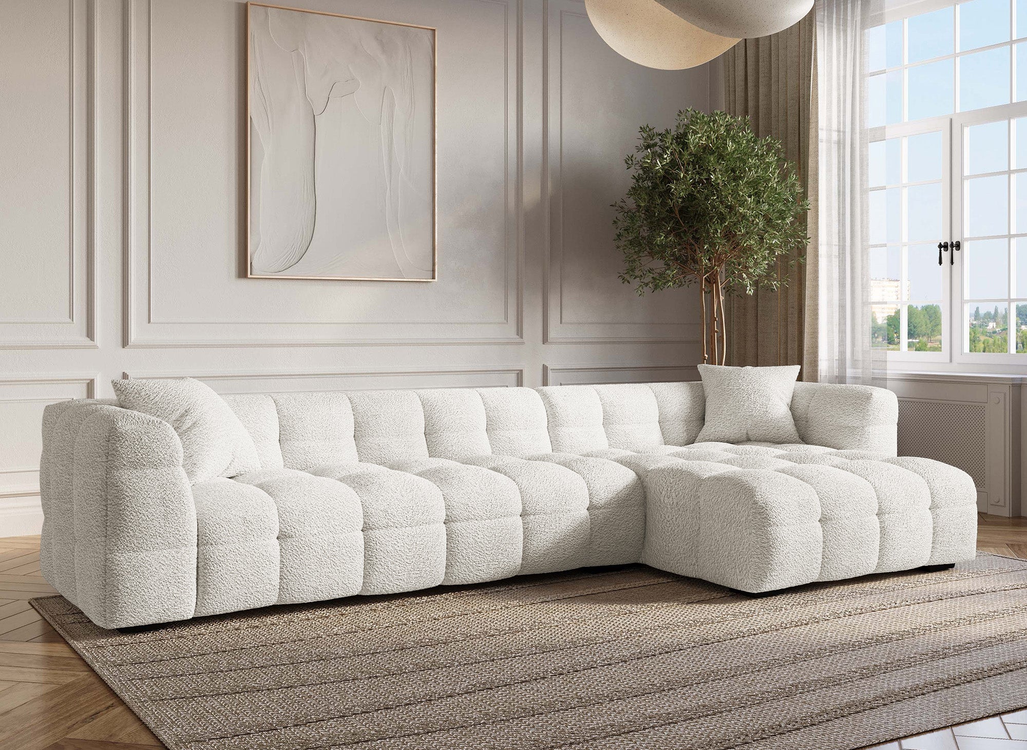 Ecksofa BELLA in ecruweißem Schaffell-Effekt - rechtwinklig