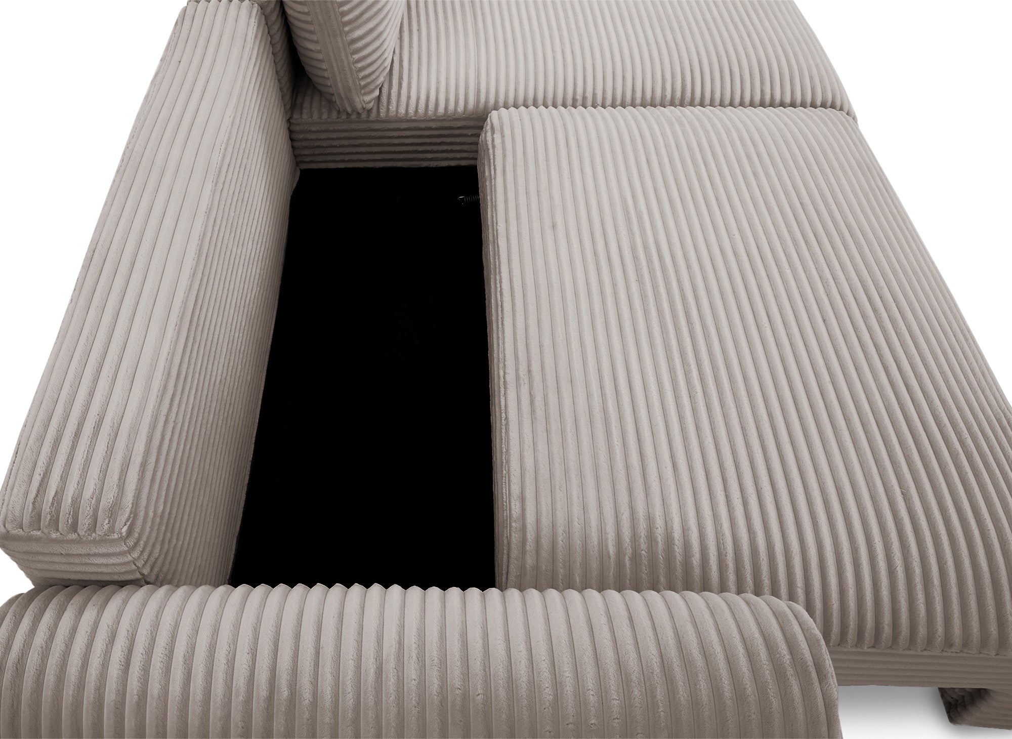 TILDA Ecksofa mit Bettfunktion und Stauraum, weicher Cord in Taupe, rechtwinklig