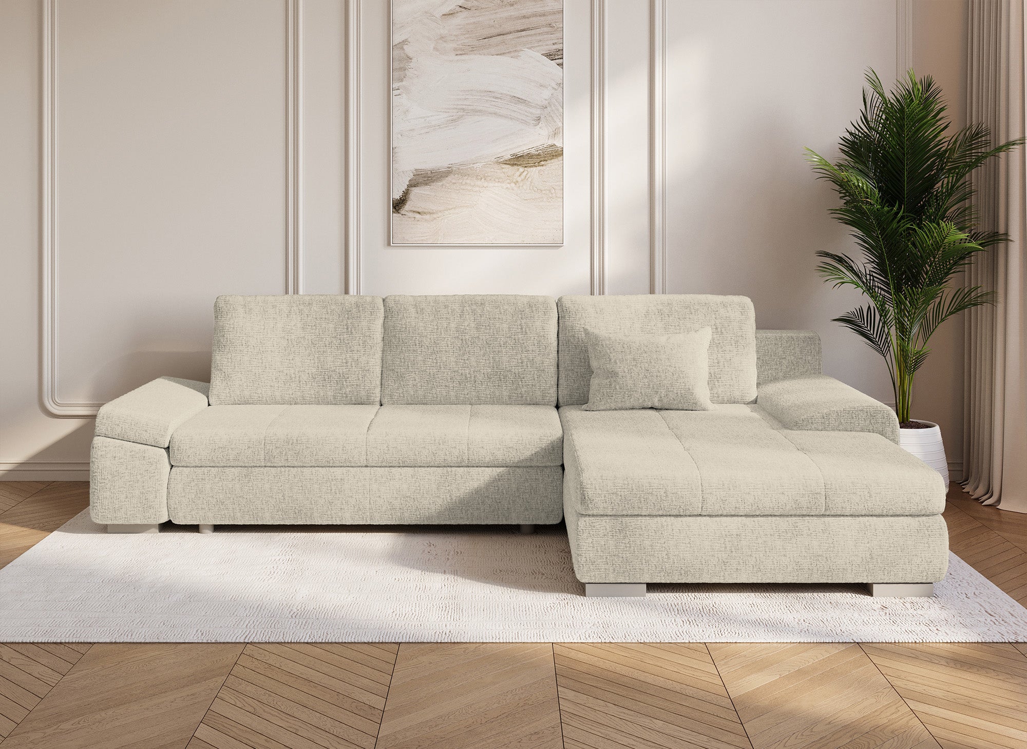 SOLEA Wende-Ecksofa mit Stauraum aus beige meliertem Samt