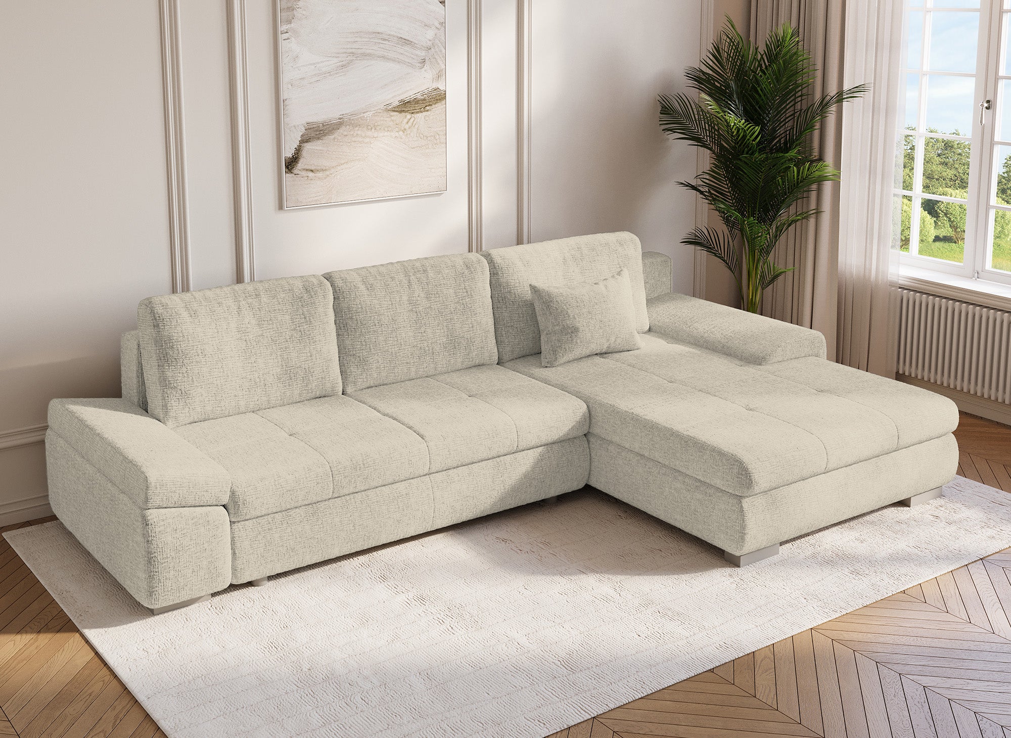 SOLEA Wende-Ecksofa mit Stauraum aus beige meliertem Samt