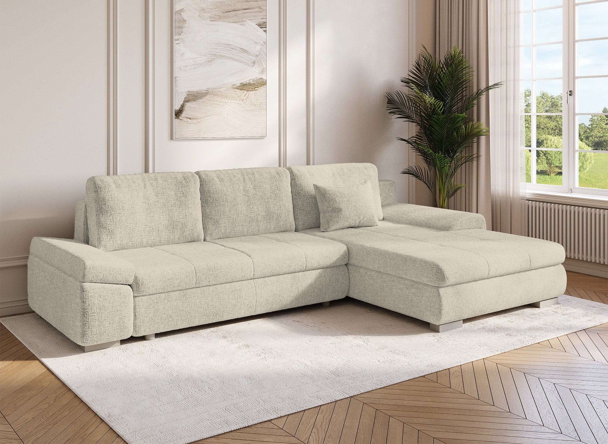 SOLEA Wende-Ecksofa mit Stauraum aus beige meliertem Samt