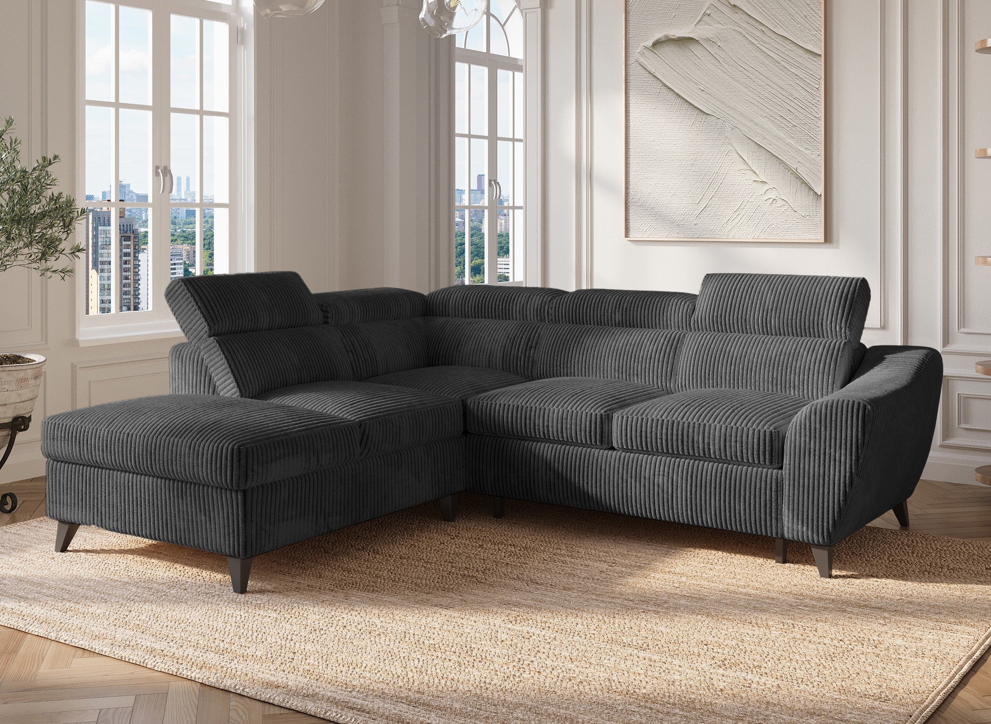 DALTON Ecksofa aus dickem, grauem Cord mit Stauraum – linke Ecke