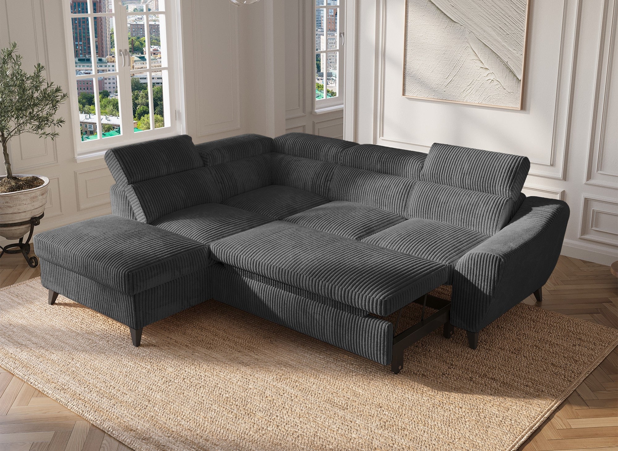 DALTON Ecksofa aus dickem, grauem Cord mit Stauraum – linke Ecke