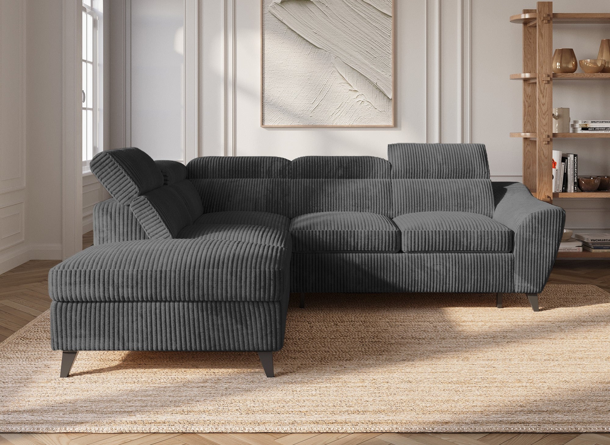 DALTON Ecksofa aus dickem, grauem Cord mit Stauraum – linke Ecke