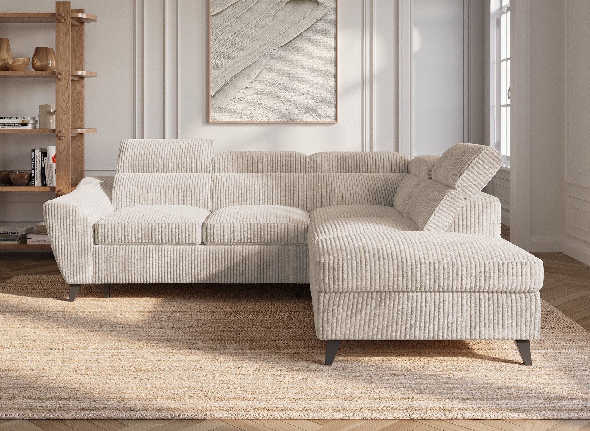 DALTON Ecksofa aus dickem Cord, beige, mit Stauraum, rechtwinklig