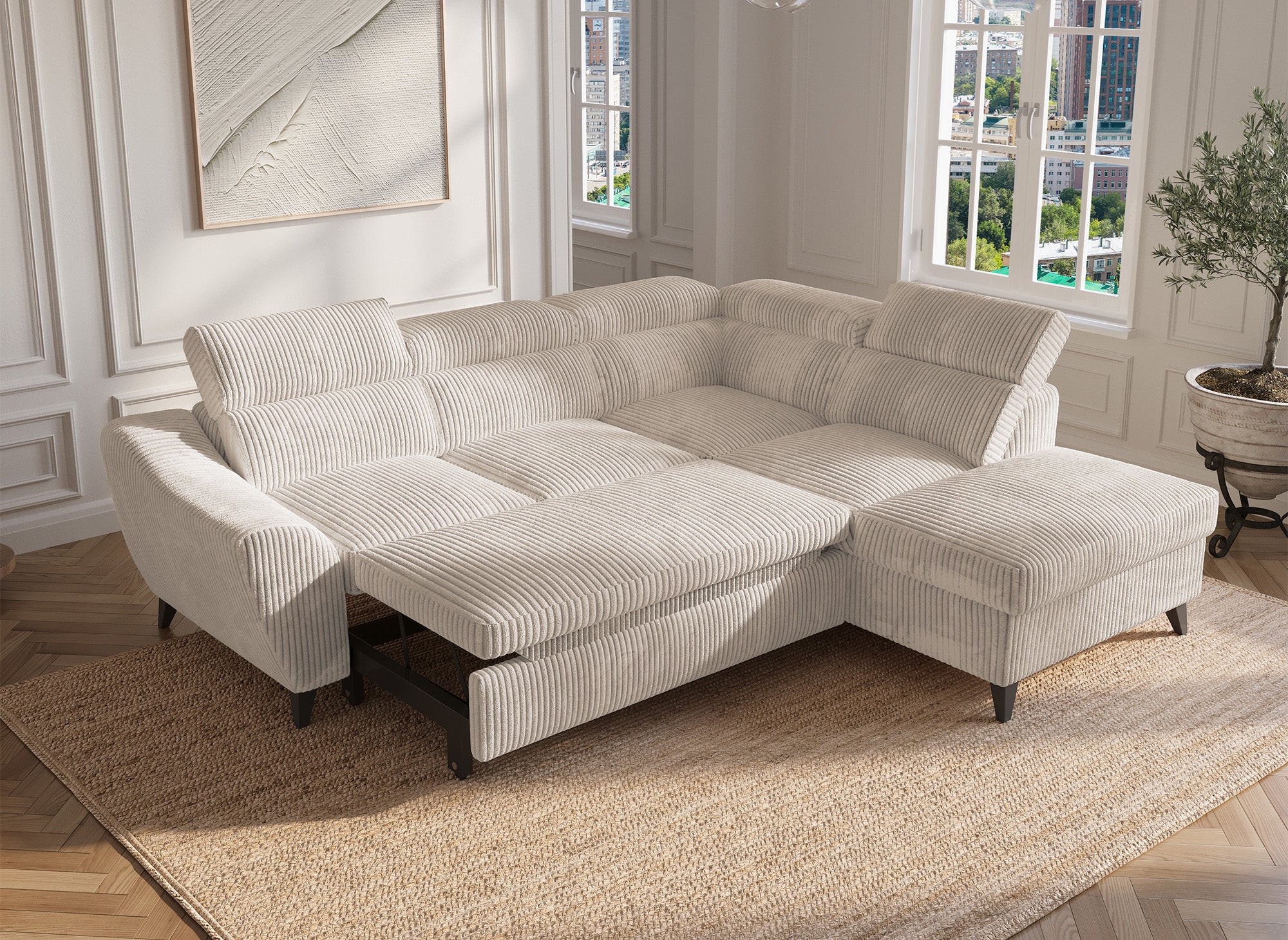 DALTON Ecksofa aus dickem Cord, beige, mit Stauraum, rechtwinklig