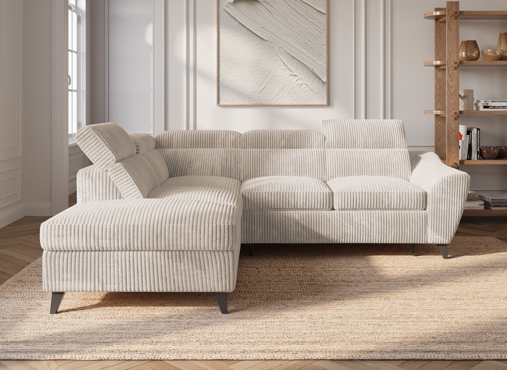 DALTON Ecksofa mit Bettkasten aus beigefarbenem Cord – linke Ecke