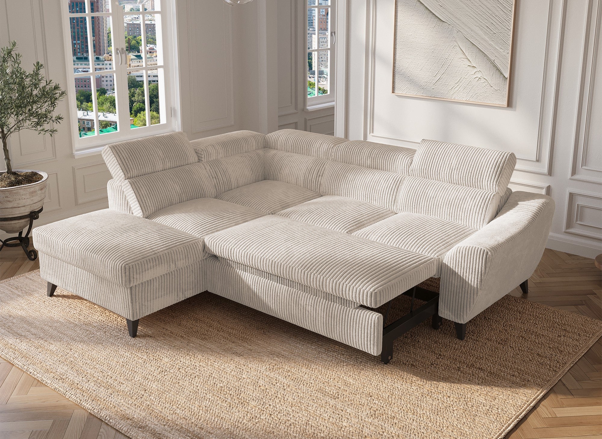 DALTON Ecksofa mit Bettkasten aus beigefarbenem Cord – linke Ecke