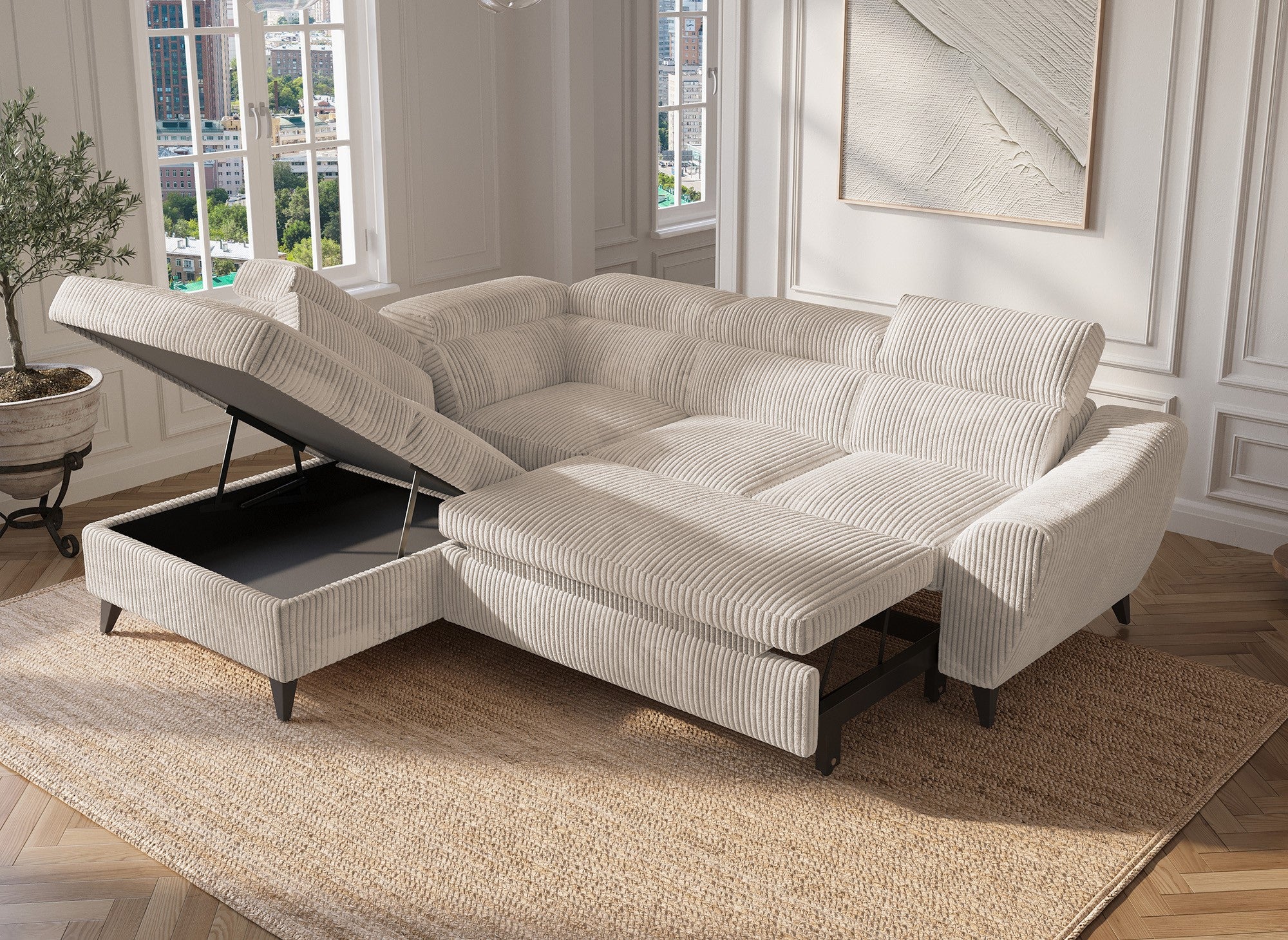 DALTON Ecksofa mit Bettkasten aus beigefarbenem Cord – linke Ecke