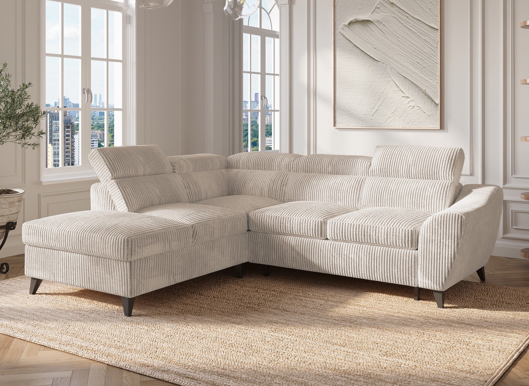 DALTON Ecksofa mit Bettkasten aus beigefarbenem Cord – linke Ecke