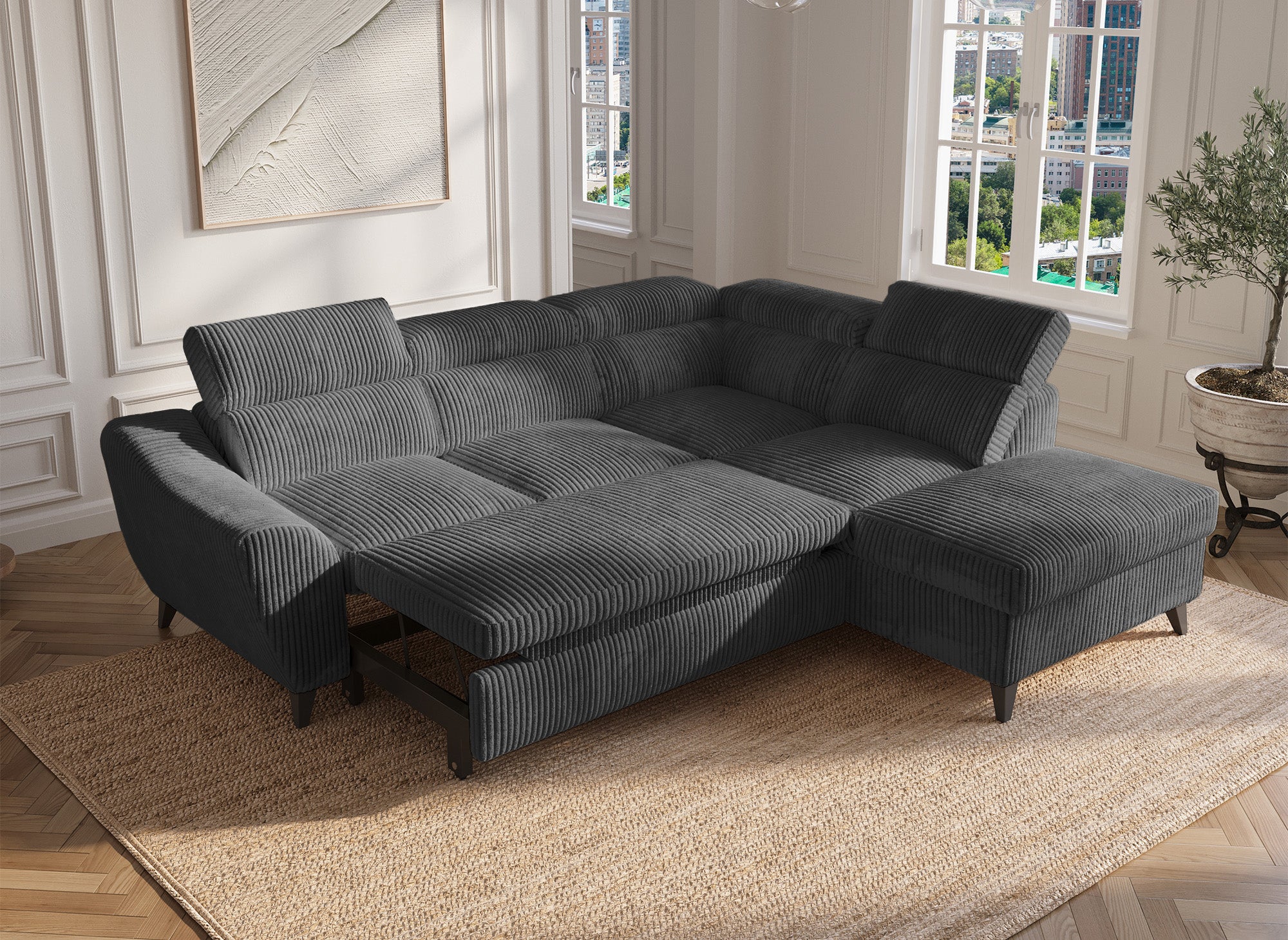 DALTON Ecksofa aus dickem Cord, grau, mit Stauraum, rechtwinklig