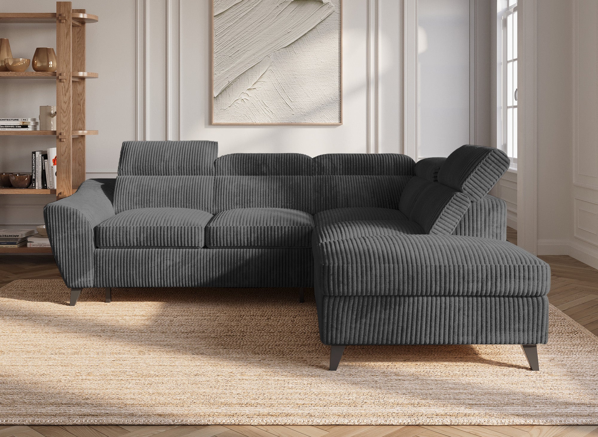 DALTON Ecksofa aus dickem Cord, grau, mit Stauraum, rechtwinklig